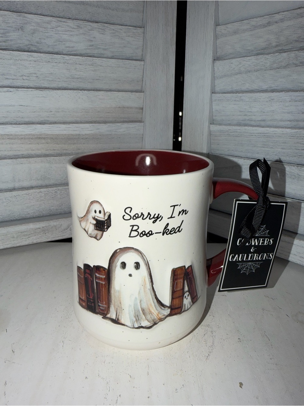 Cottage Halloween 'Sorry I'm Boo-ked' Ghost Coffee Mug - Red Interior